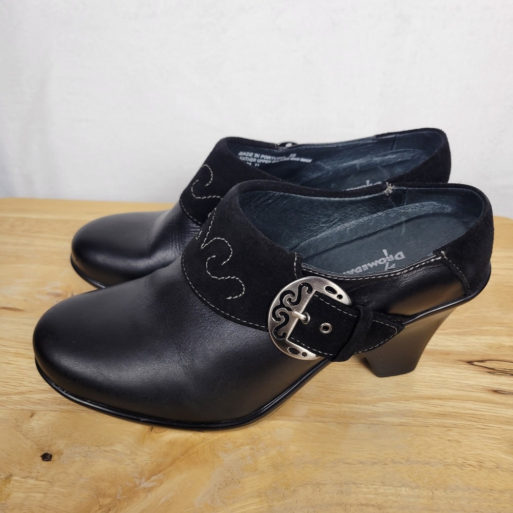 Dromedaris Nicole Black Leather Clogs Shoes 8.5 Chunky Heel Western Boho